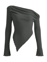 Dark gray ribbed knit asymmetrical one-shoulder top with ruched detail and lettuce hem sleeves.