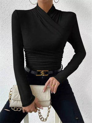 Ruched Long Sleeve Slim Fit Top in Black, view 11