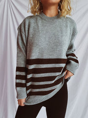 Horizontal stripe ribbed knit sweater in grey with dark brown stripes, crew neck, long sleeves.