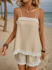 Tan textured co-ord set with fringe trim on cami and shorts