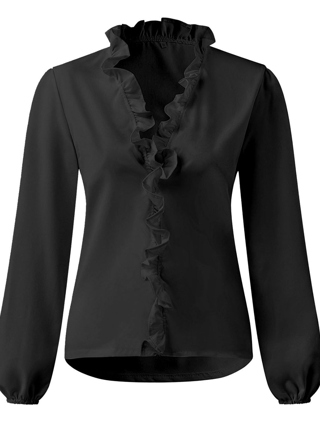Black blouse with cascading ruffle front and balloon sleeves.