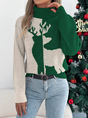Green and cream acrylic knit turtleneck sweater with reindeer graphic, long sleeves.