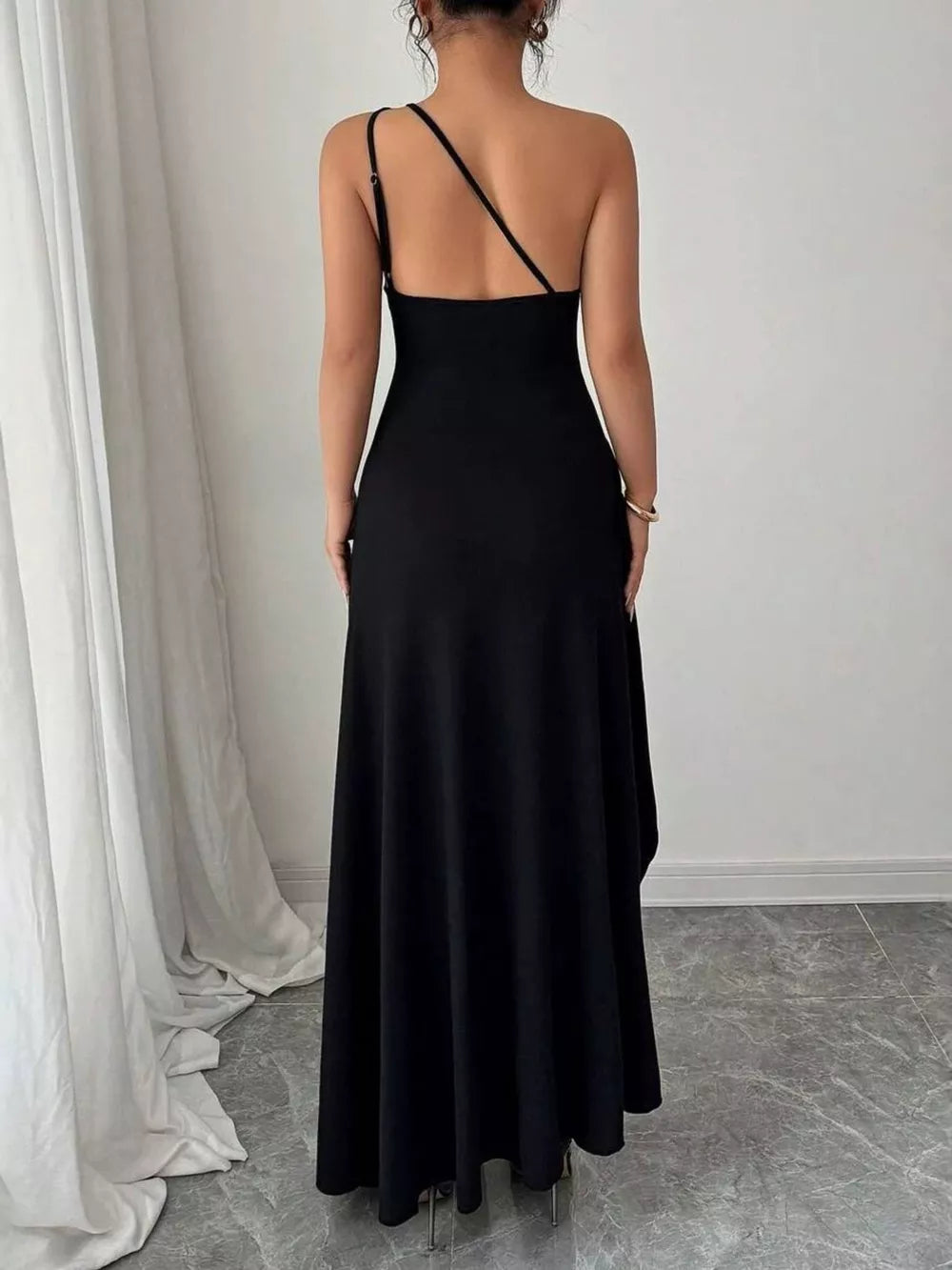 One-shoulder Ruched High-slit Maxi Dress, model styling view