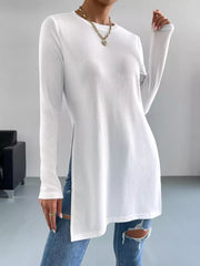 Long Sleeve Side Slit T-shirt in White, model styling view