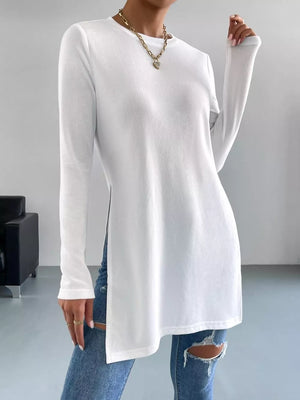 Long Sleeve Side Slit T-shirt in White, model styling view