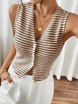 Chic striped knit v-neck tank top with button front detail in taupe and white.
