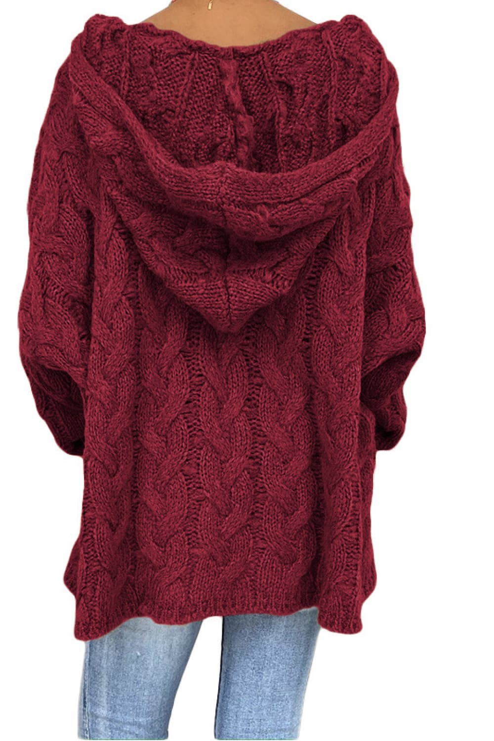 Burgundy cable knit hooded cocoon sweater with a relaxed fit.