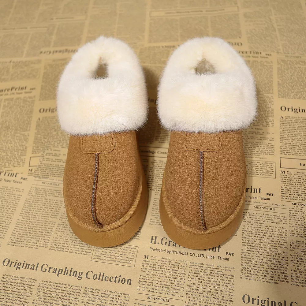 Brown plush suede platform ankle boot slippers with fluffy white trim and thick soles.