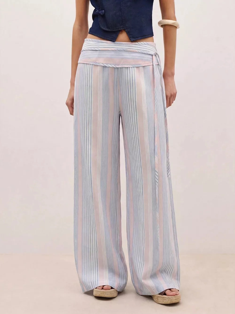 Striped Wide-leg Pants With Tie Waist in Blue, view 13