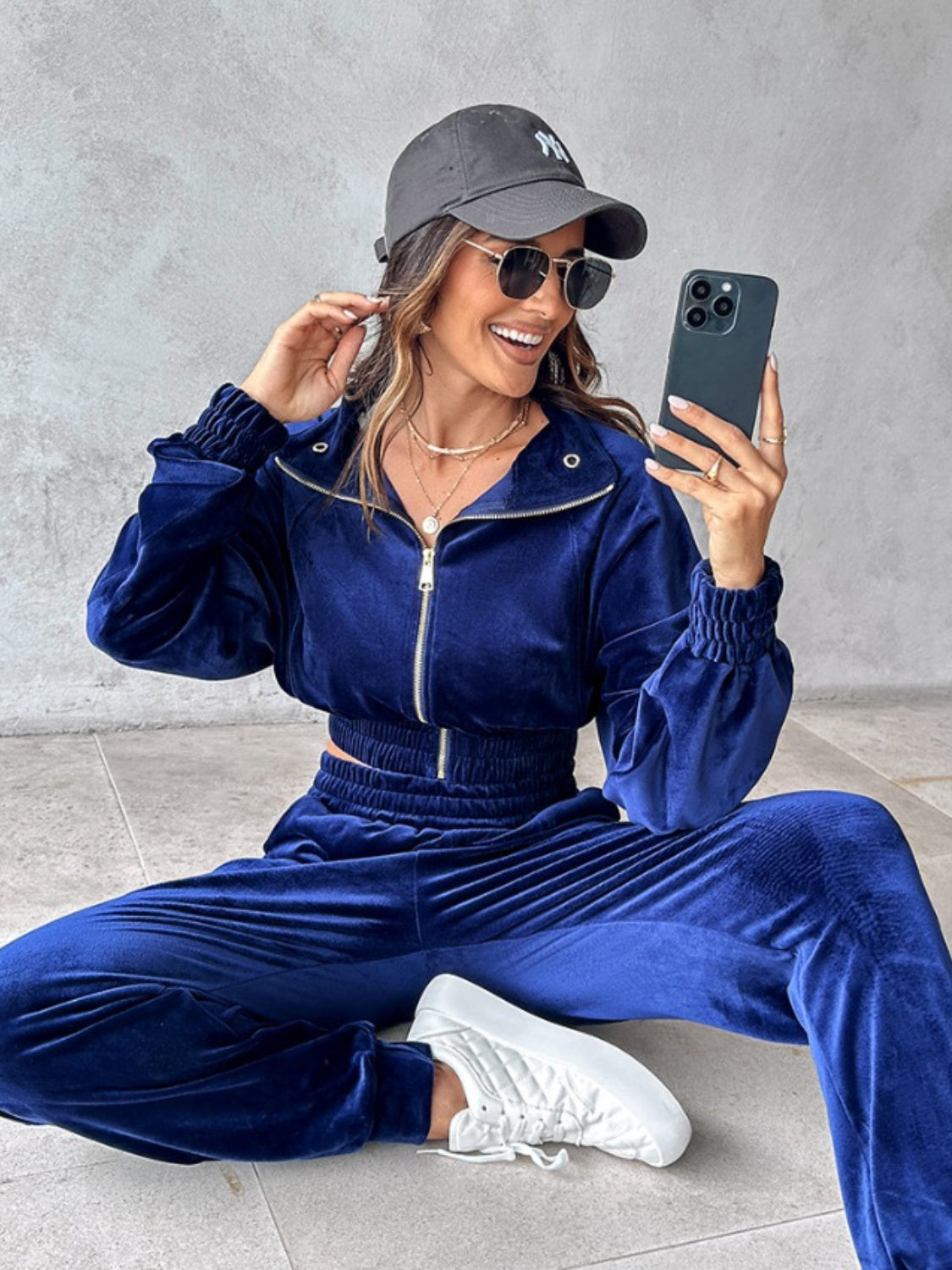 Navy velvet crop tracksuit with zipper detail and elastic waist pants
