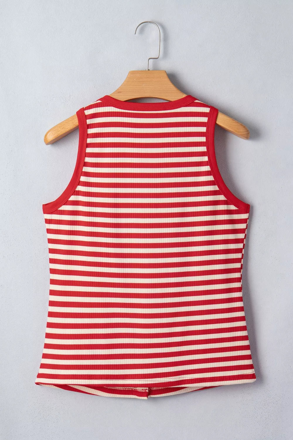 Red and cream striped ribbed knit tank top with button detail at hem