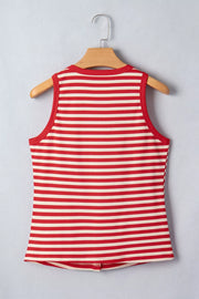 Red and cream striped ribbed knit tank top with button detail at hem