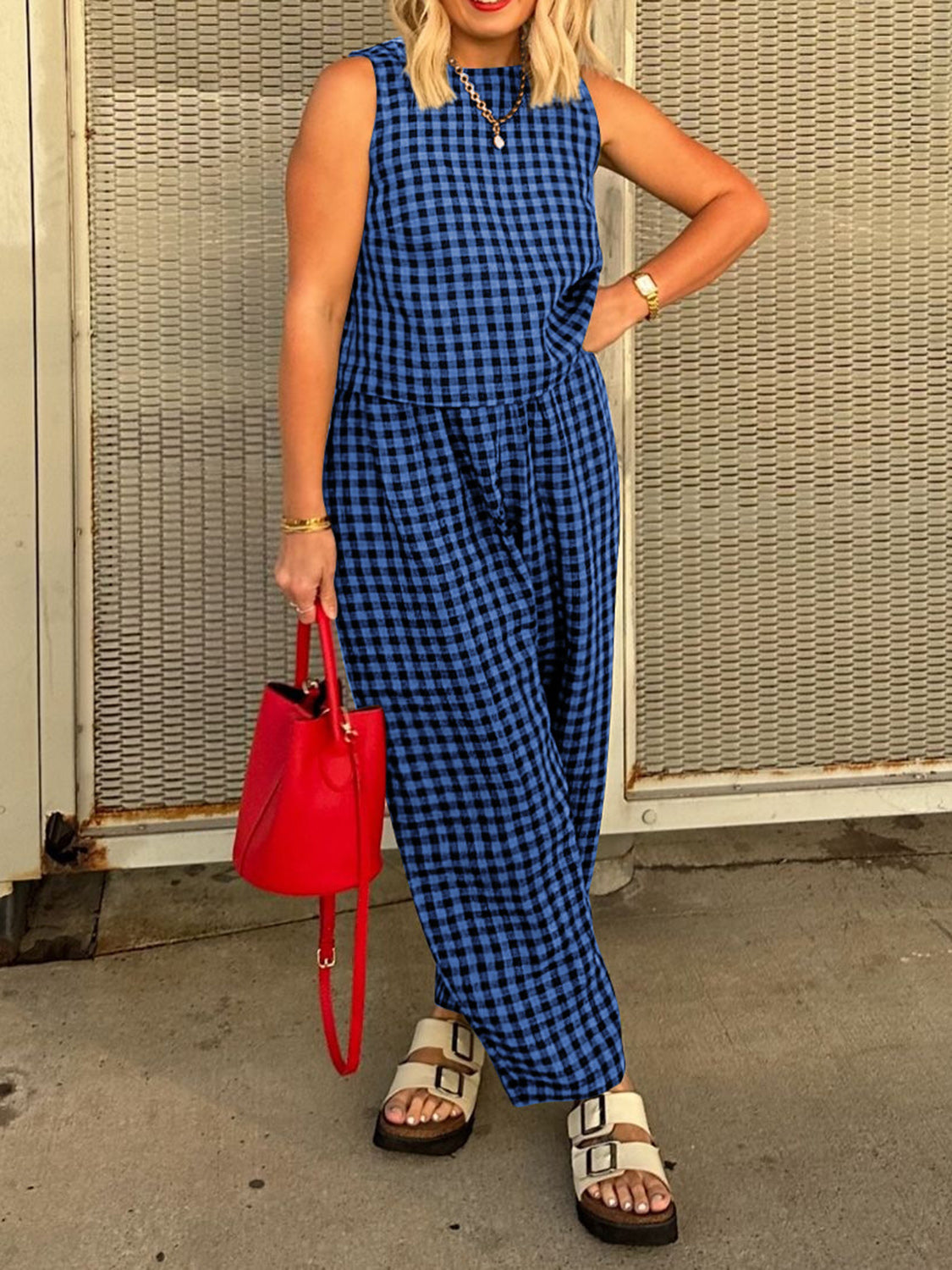 Royal blue gingham cropped tank and tapered trousers set with a tie waist.