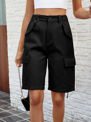 Black denim Bermuda shorts with cargo pockets and buttoned flaps.