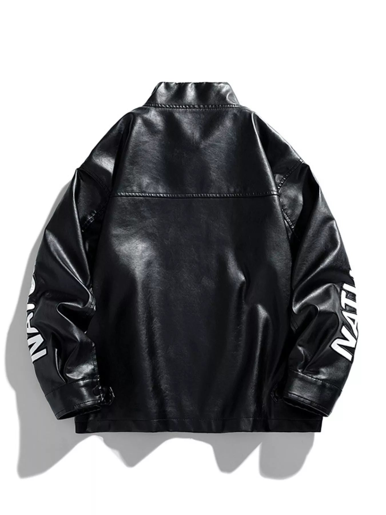 Black oversized leather jacket with white text detail on sleeve.
