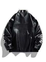 Black oversized leather jacket with white text detail on sleeve.