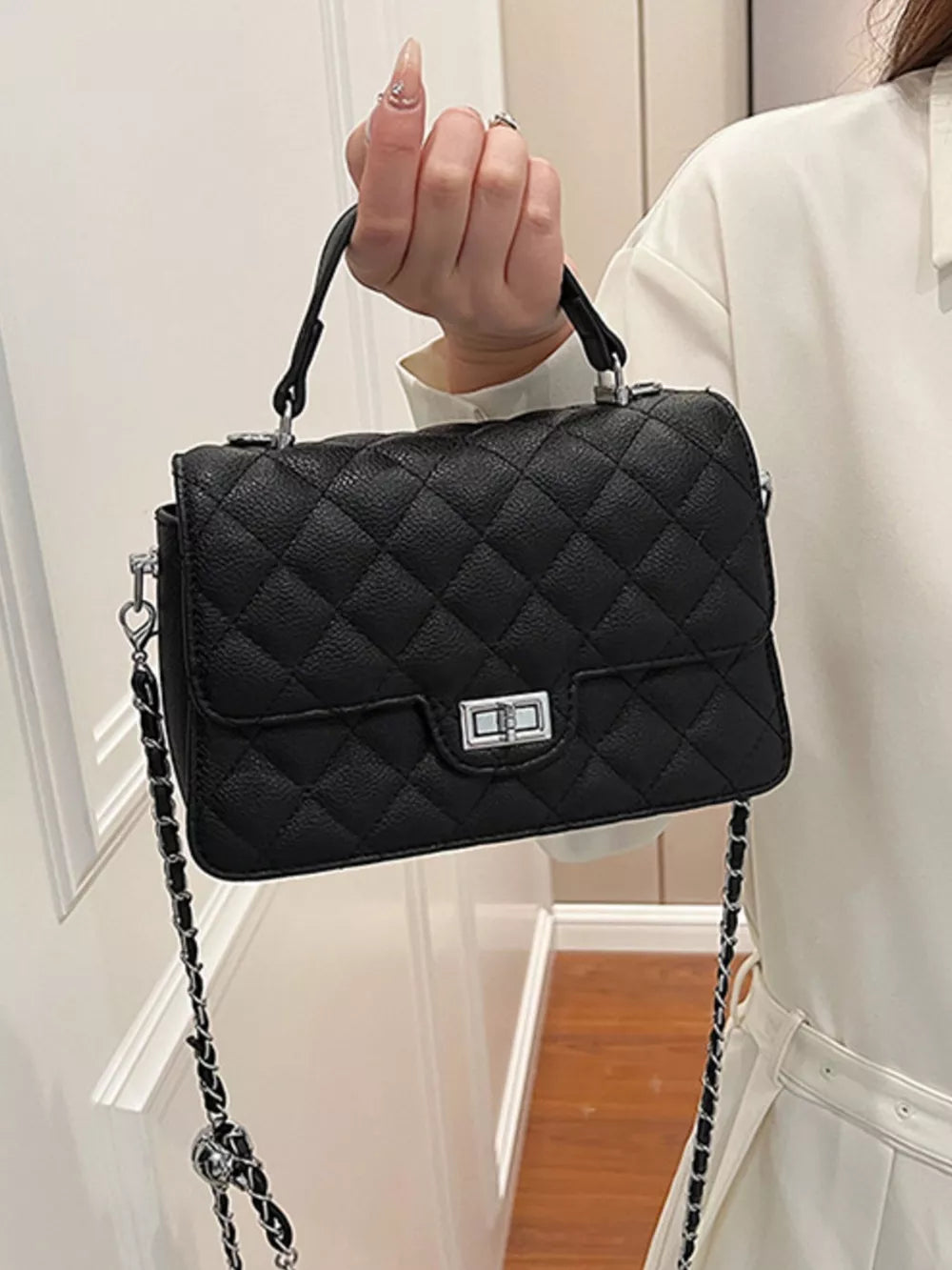 Quilted Chain Strap Crossbody Bag in Black, back view