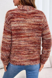Fuzzy Striped Button Front Cardigan Sweater in Rust, alternate angle