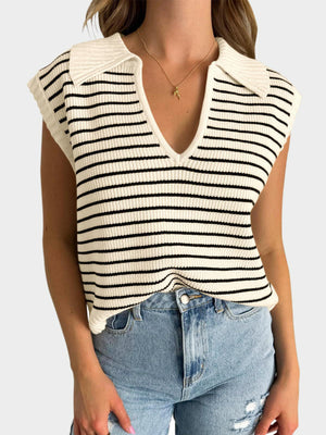 Ribbed knit polo vest with black and white stripes, V-neck, and collar.