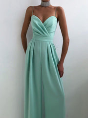 Mint green ruched spaghetti strap wide-leg jumpsuit with sweetheart neckline and pleats.