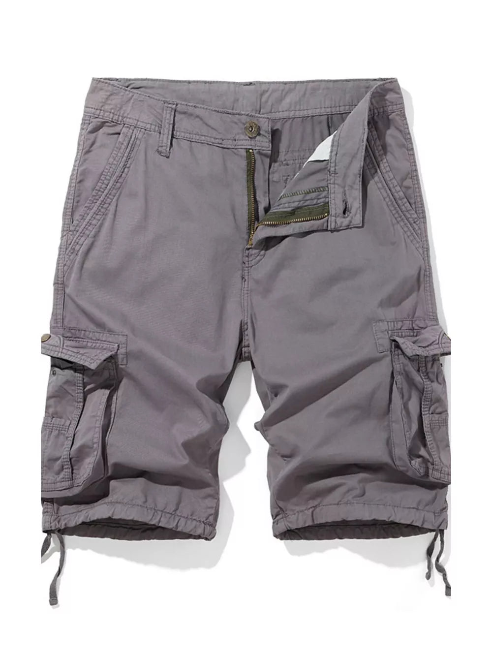 Gray cargo shorts for men with zipper fly and drawstring hem