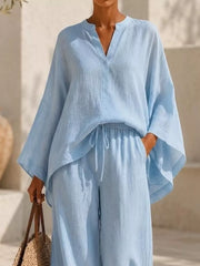 Notched Long Sleeve Top And Wide-leg Pants Set in White, fabric detail