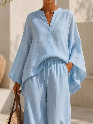 Notched Long Sleeve Top And Wide-leg Pants Set in White, fabric detail