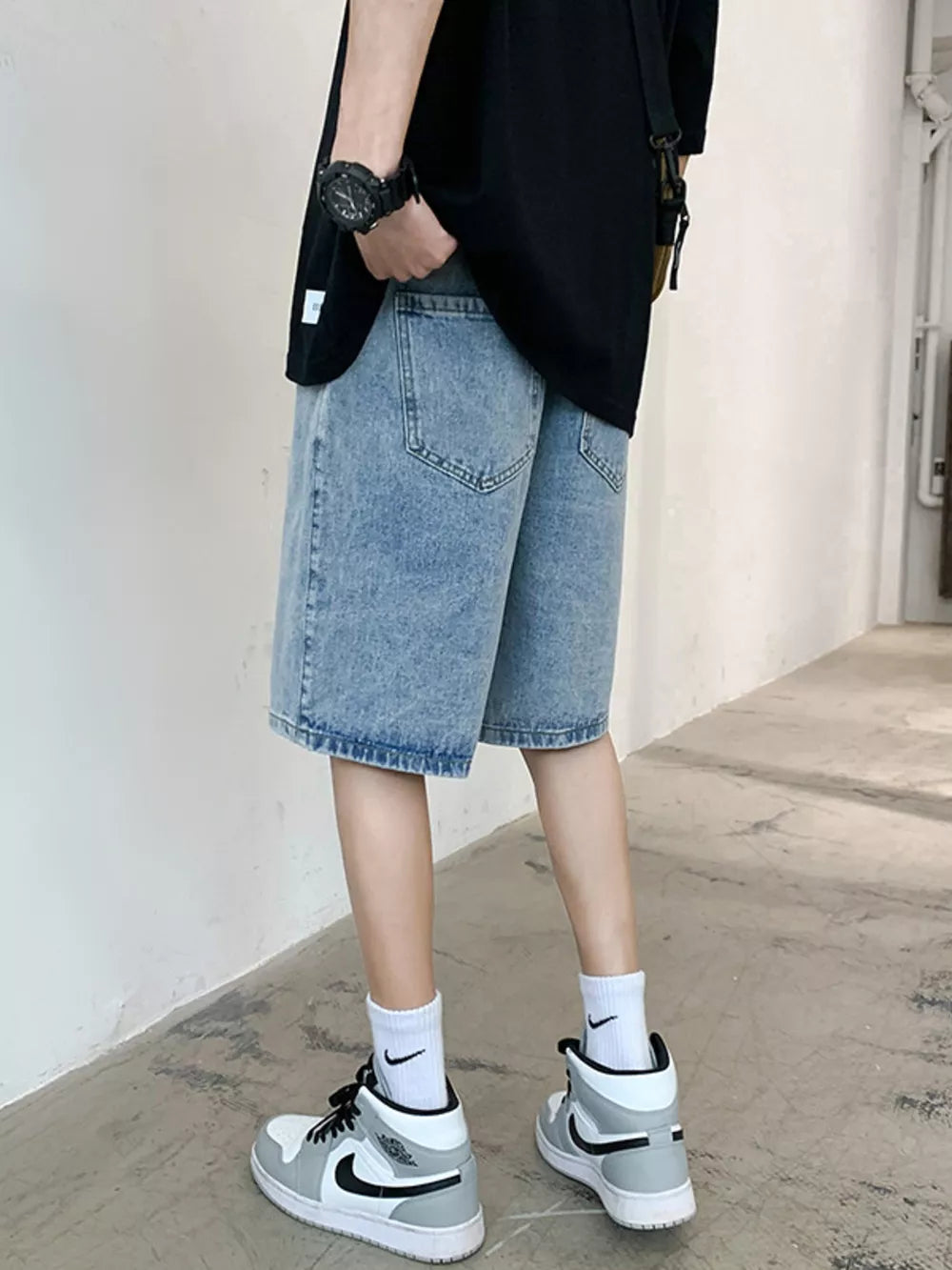 Men's Acid Wash Denim Shorts in Blue, side view