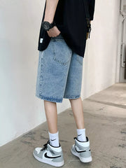 Men's Acid Wash Denim Shorts in Blue, side view
