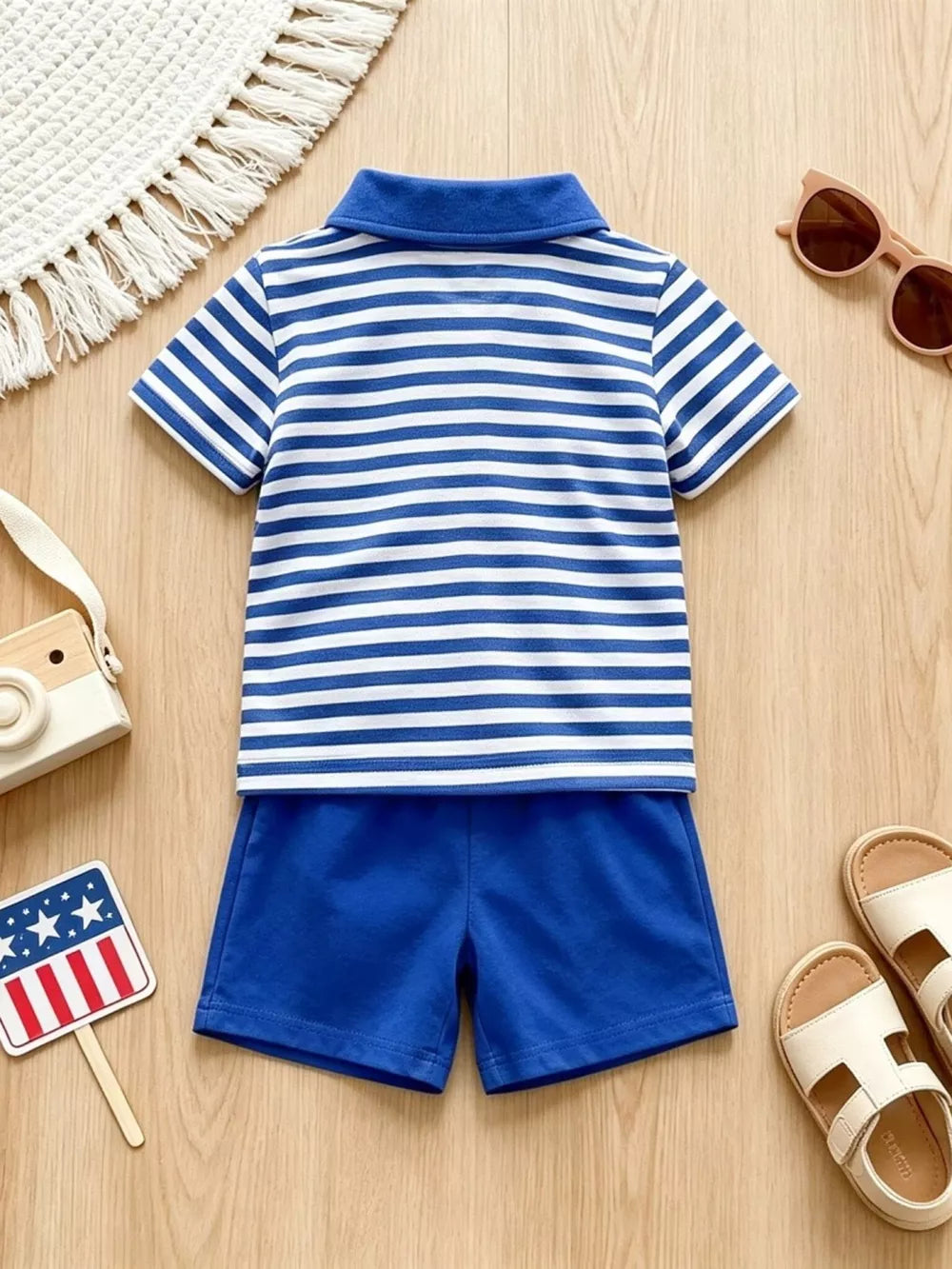 Baby blue and white striped polo shirt and blue shorts ensemble.