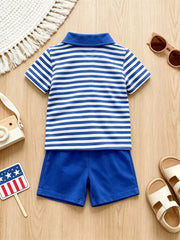 Baby blue and white striped polo shirt and blue shorts ensemble.