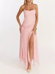Pink chiffon maxi dress with spaghetti straps, ruched waist tie, and high leg slit.