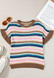 Textured stripe knit sweater with contrast trim and short sleeves.