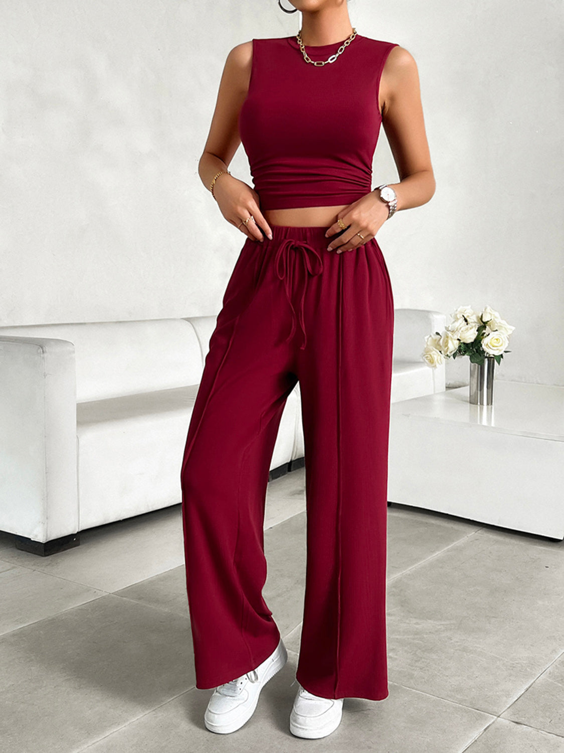 Burgundy ribbed crop top and wide-leg lounge pants with drawstring waist
