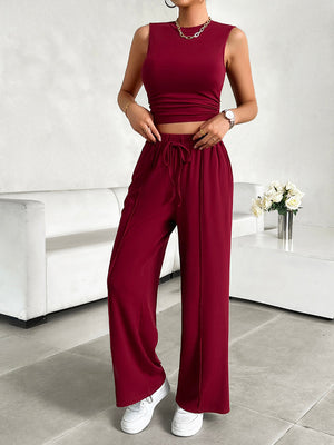 Burgundy ribbed crop top and wide-leg lounge pants with drawstring waist