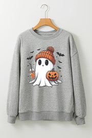 Gray crewneck sweatshirt with a cute ghost graphic holding a drink and pumpkin, with bats.
