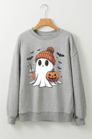 Gray crewneck sweatshirt with a cute ghost graphic holding a drink and pumpkin, with bats.