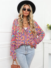 Prismatic knit button-down cardigan with multicolor stripes and wooden buttons.