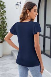 Dark Navy Flutter Frill Square Neck Blouse with short flutter sleeves.