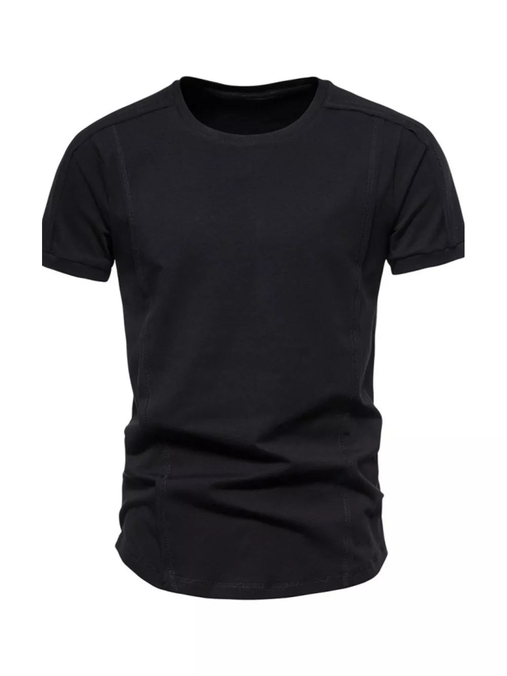 Black tactical-inspired men's cotton t-shirt with round neck and short sleeves.