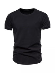 Black tactical-inspired men's cotton t-shirt with round neck and short sleeves.