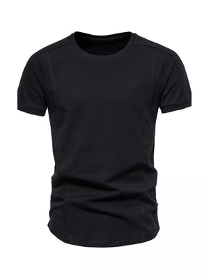 Black tactical-inspired men's cotton t-shirt with round neck and short sleeves.