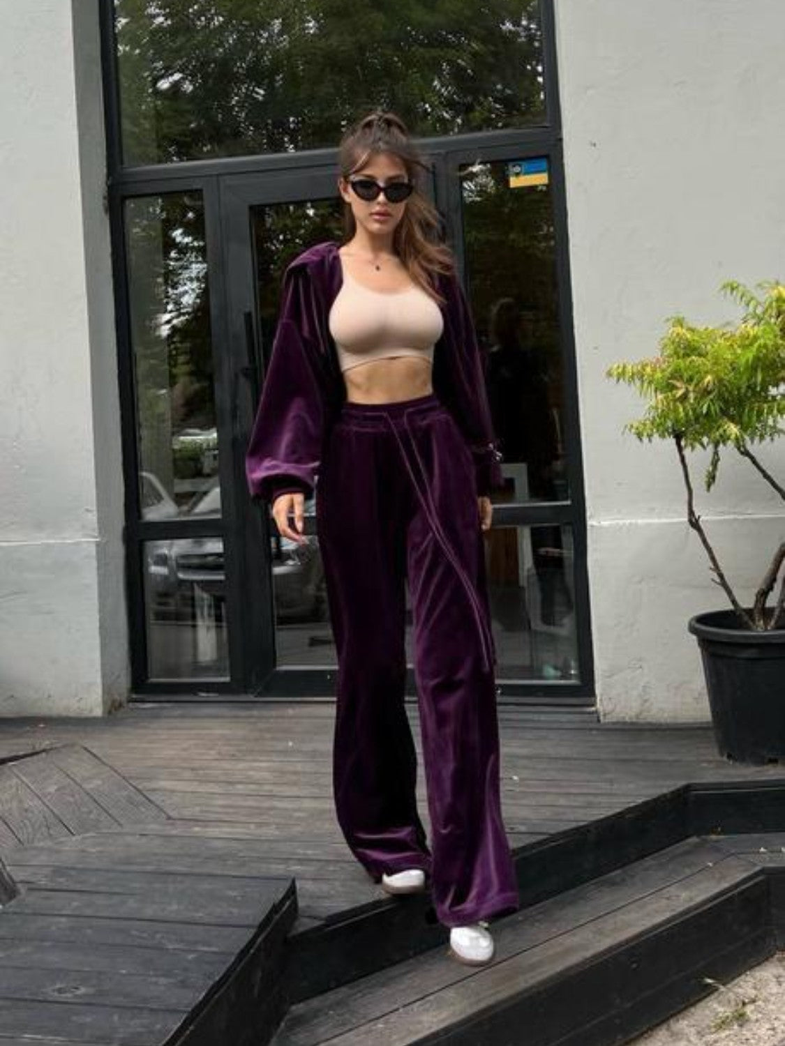 Plush velour lounge set in Violet featuring wide leg pants and a relaxed fit jacket.