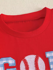 Red cotton baseball tee with embroidered baseball and gingham letters.