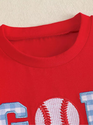 Red cotton baseball tee with embroidered baseball and gingham letters.
