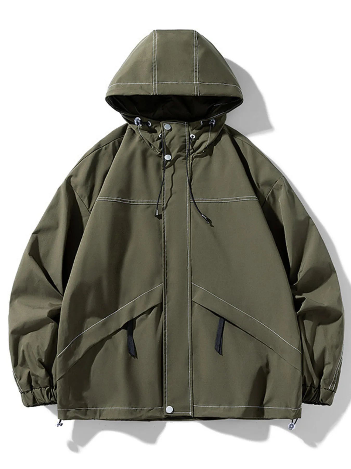 Dark green hooded zip jacket with contrast stitching and drawstring details.