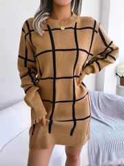 Geometric grid knit mini dress in khaki with long sleeves and crew neck.