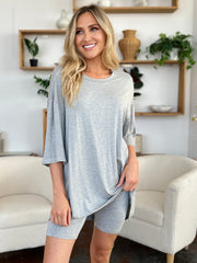 Gray oversized bamboo tee and biker shorts set with side slits on tee