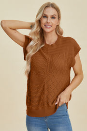 Brown knit patchwork sleeveless top with varied cable and open knit textures.