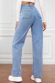 Light blue wide-leg denim jeans with a high rise and classic five-pocket styling.